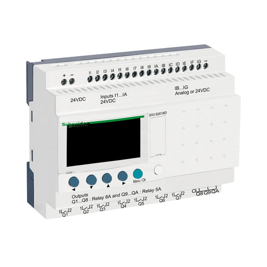 Relé Inteligente Zelio Logic 26 E/S – 24 V CC, Reloj y Display