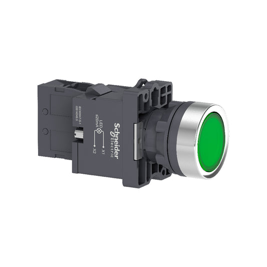 Pulsador Luminoso Verde Empotrado Ø22 mm – 220 V, 1 NA