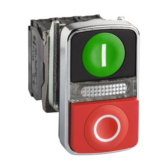 Pulsador Doble Verde/Rojo Ø22 mm Retorno Resorte – Luz Blanca 120 V