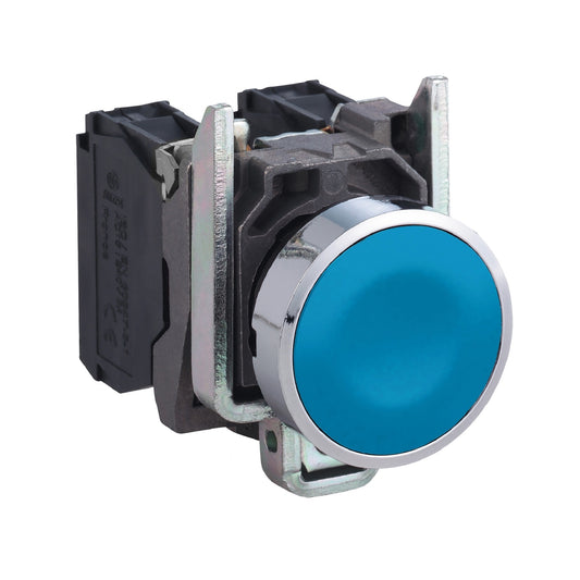 Pulsador Azul Ø22 mm Retorno Resorte Nivelado – 1 NA