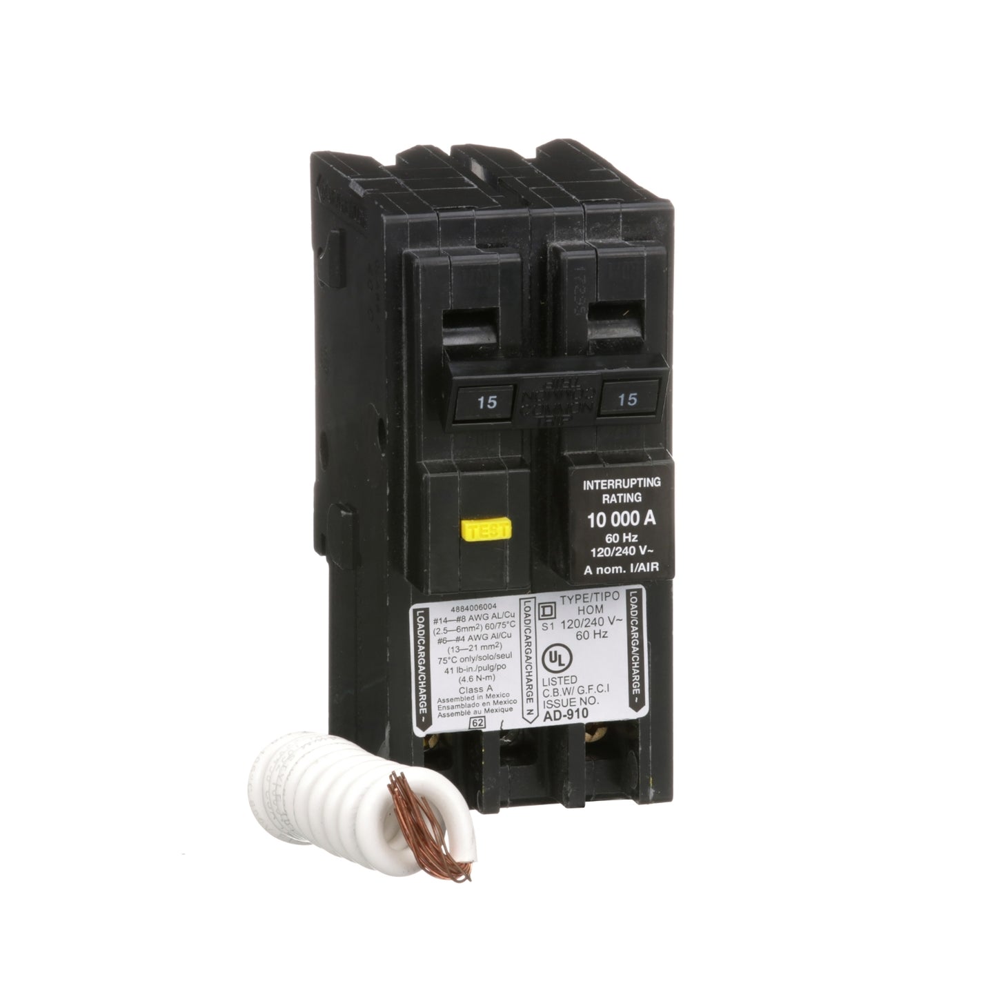 Interruptor enchufable Homeline 15A 2P 120/240 VAC 10 kA GFCI 6mA